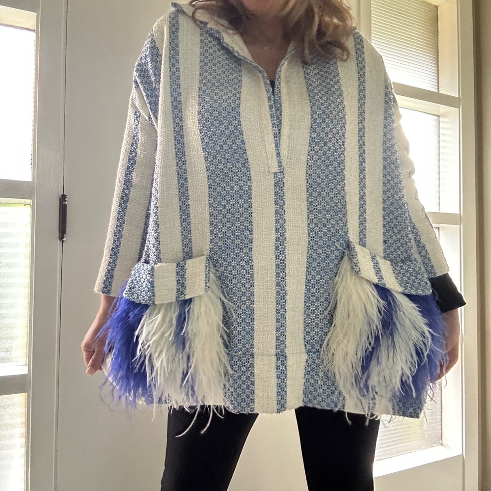 Blue and White Striped poncho with Feather Trim